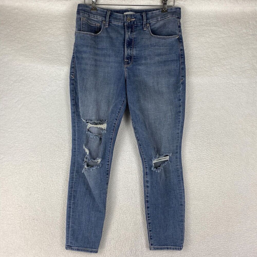 Good American Jeans Womens 14 32‎ Blue Good Legs Ripped Straight Slim Distressed